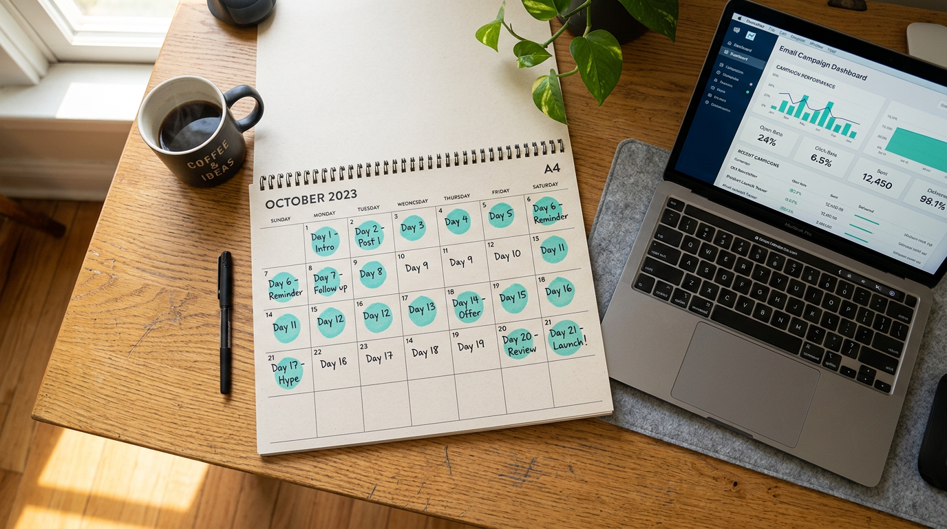 Open marketing calendar with 21 days marked, beside a laptop showing an email campaign dashboard