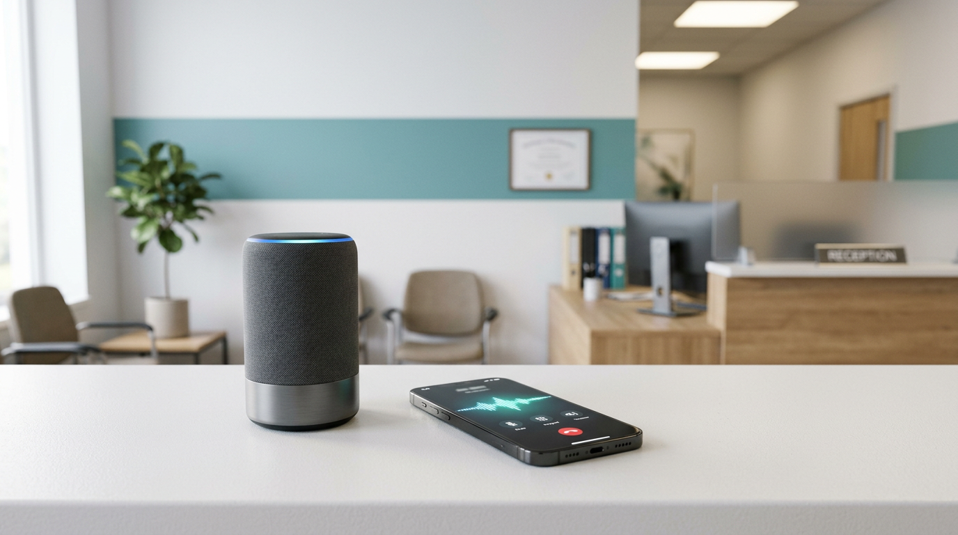 Smart speaker and smartphone on a reception desk with an active AI voice call waveform on screen