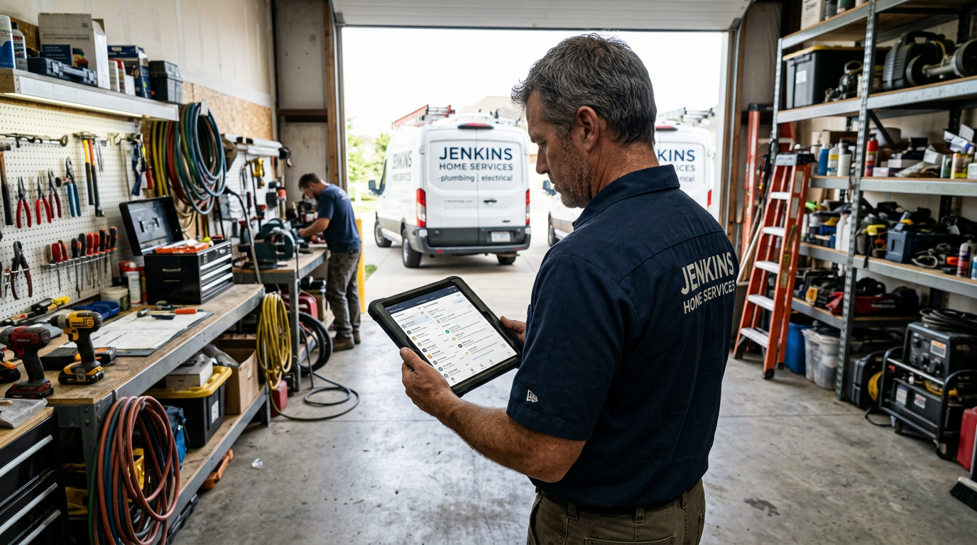 Small business owner in a workshop holding a tablet showing a mobile CRM with contacts and messages