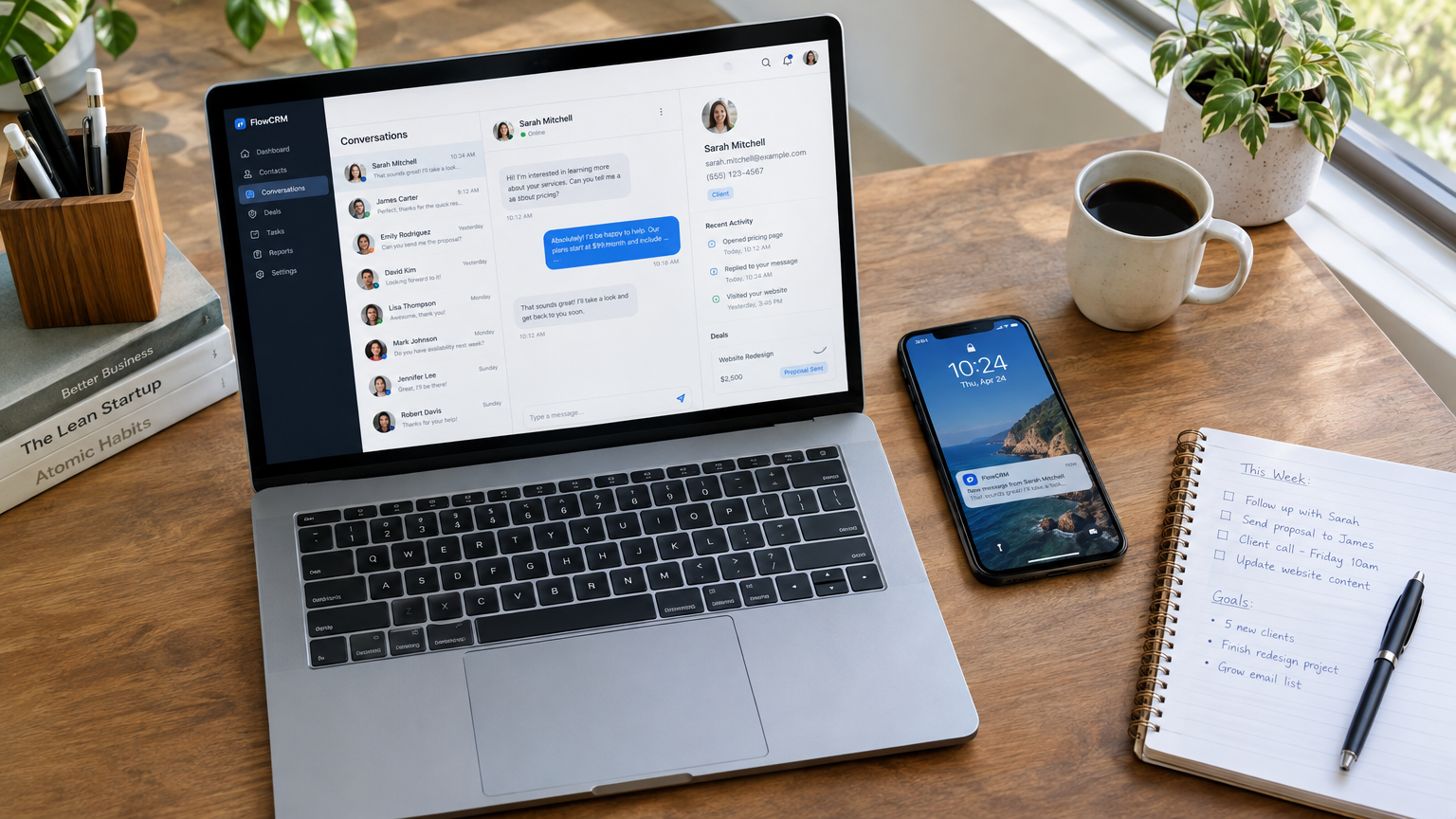 Small business owner at a desk with an open CRM dashboard and smartphone showing text conversations