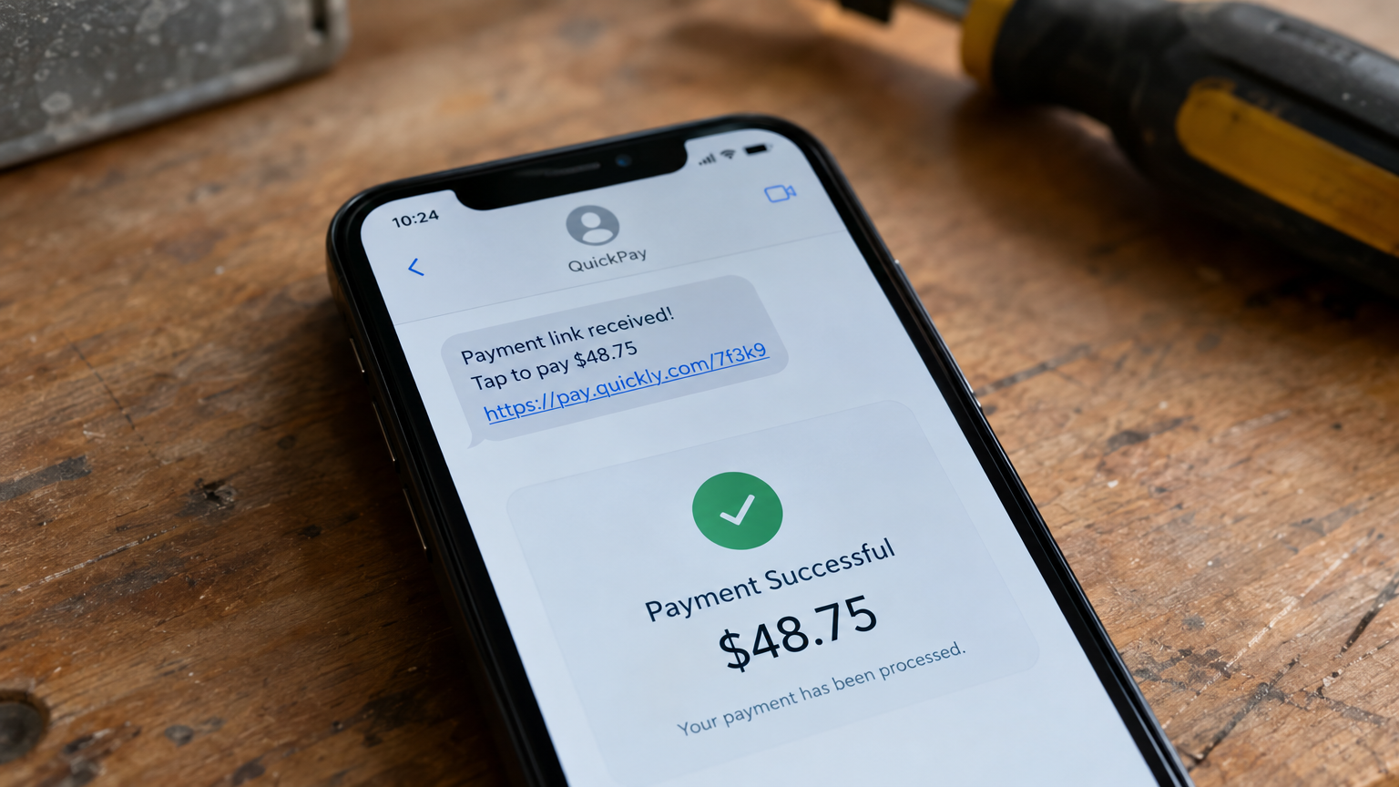Close-up of a smartphone screen showing a payment completed confirmation via text link