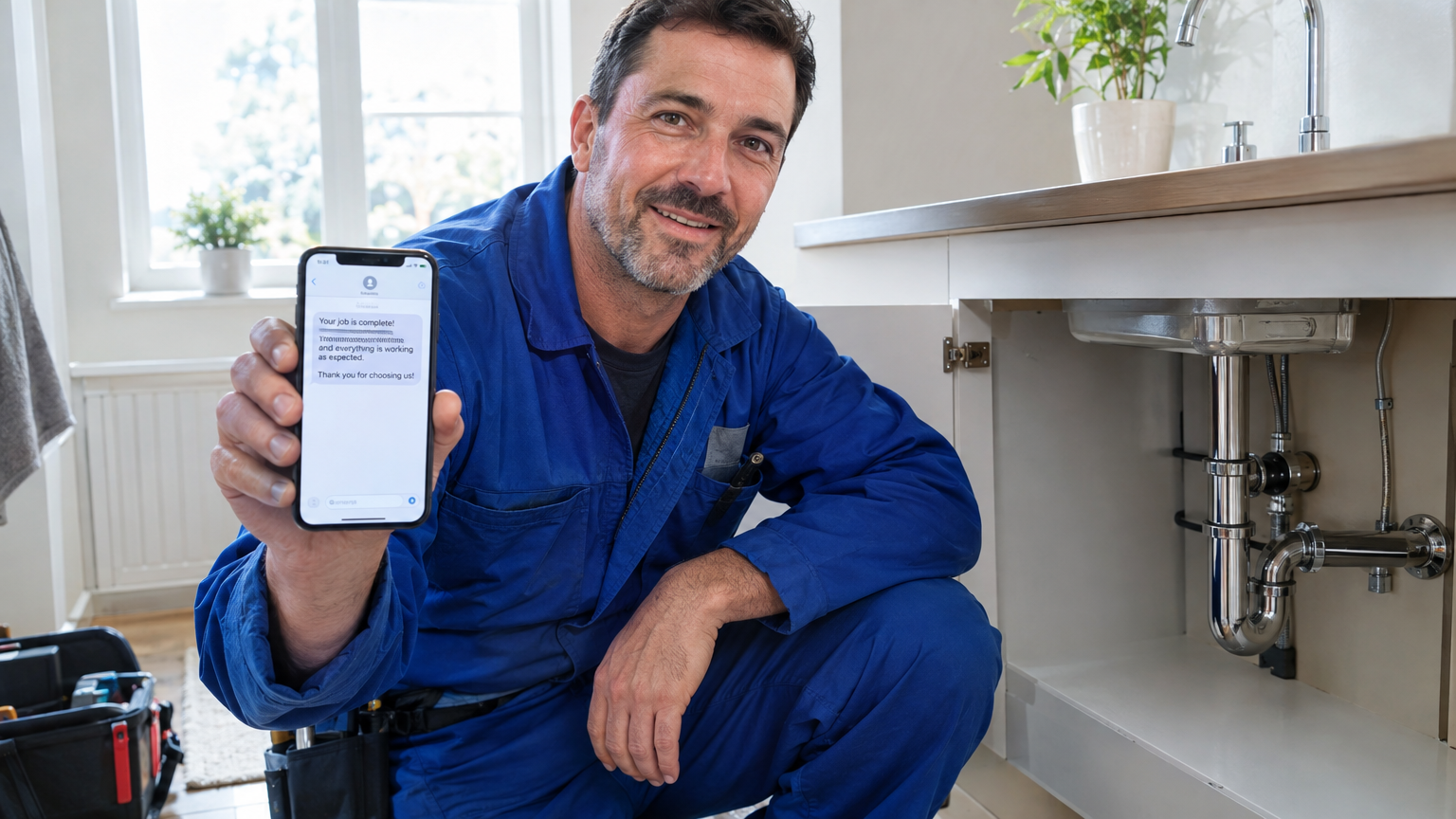 Plumber in uniform kneeling beside completed pipe work showing a smartphone with a job completion text to a customer