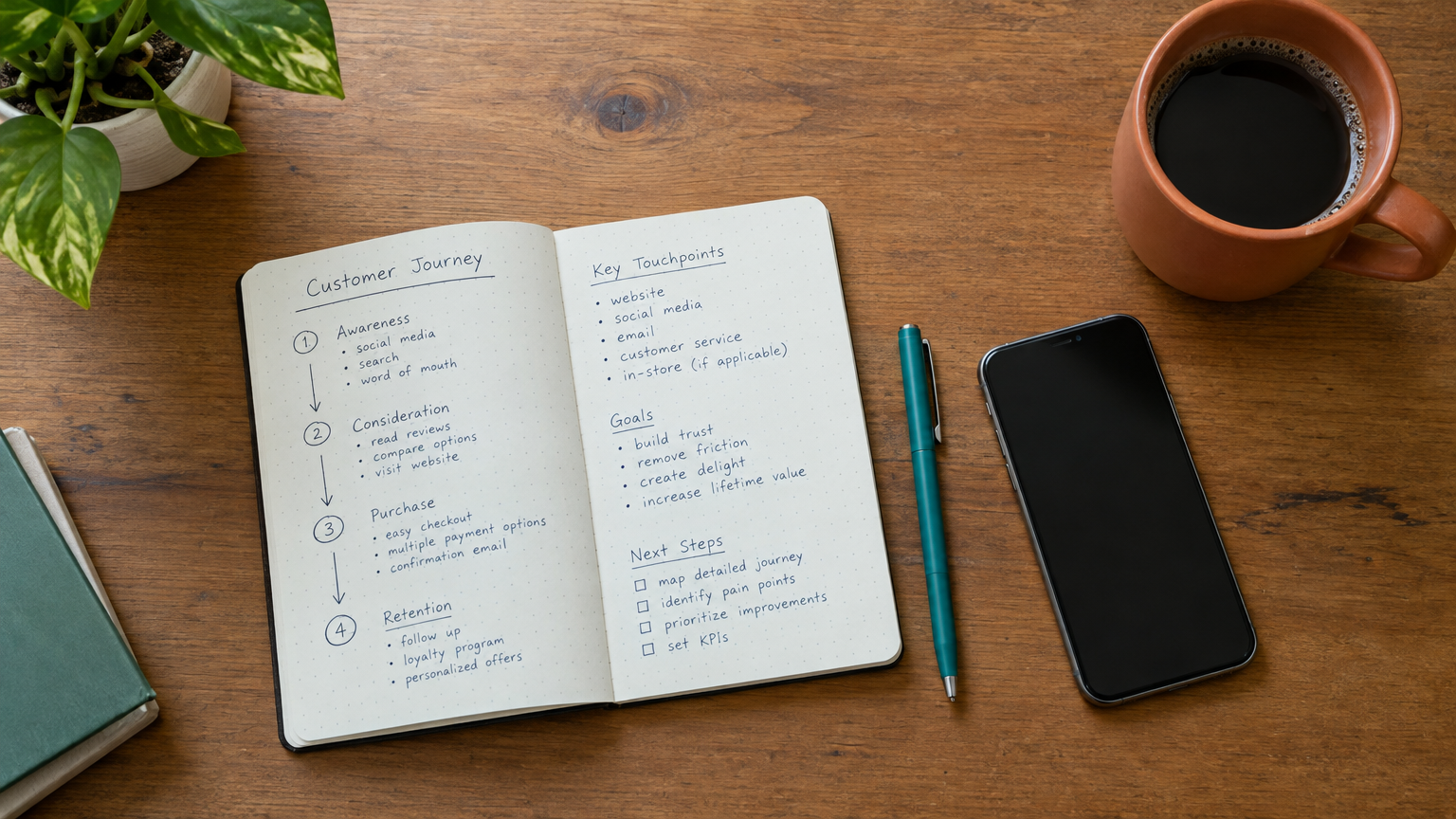 Flat-lay desk overhead shot with a notebook, smartphone, teal pen, and terracotta coffee mug showing notes about customer journey