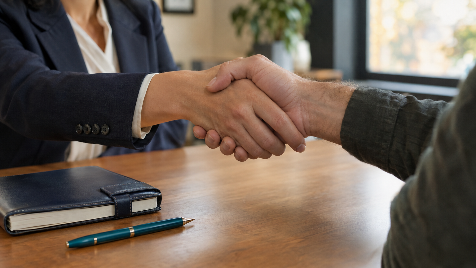 Close-up of two hands mid-handshake across a wooden table with a navy leather planner and teal pen resting nearby, warm diffused window light