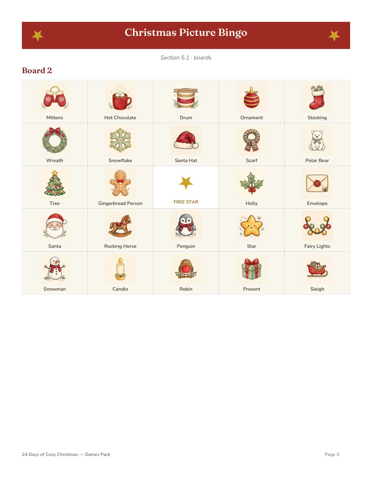 Printable Christmas picture bingo board