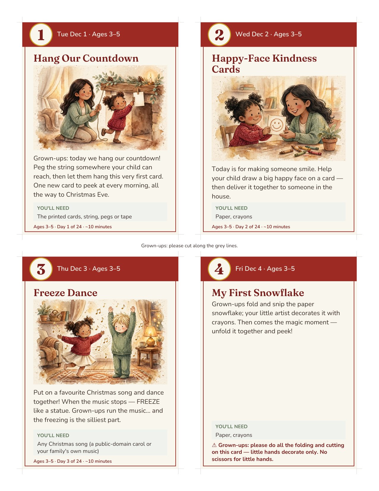 Printable advent activity card sheet for ages 3–5