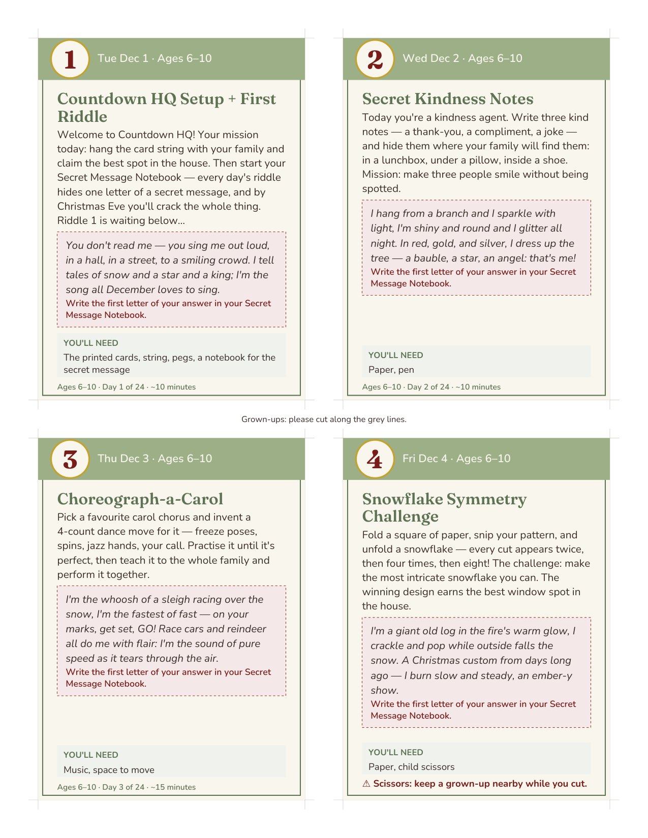 Mission and riddle advent cards for ages 6–10