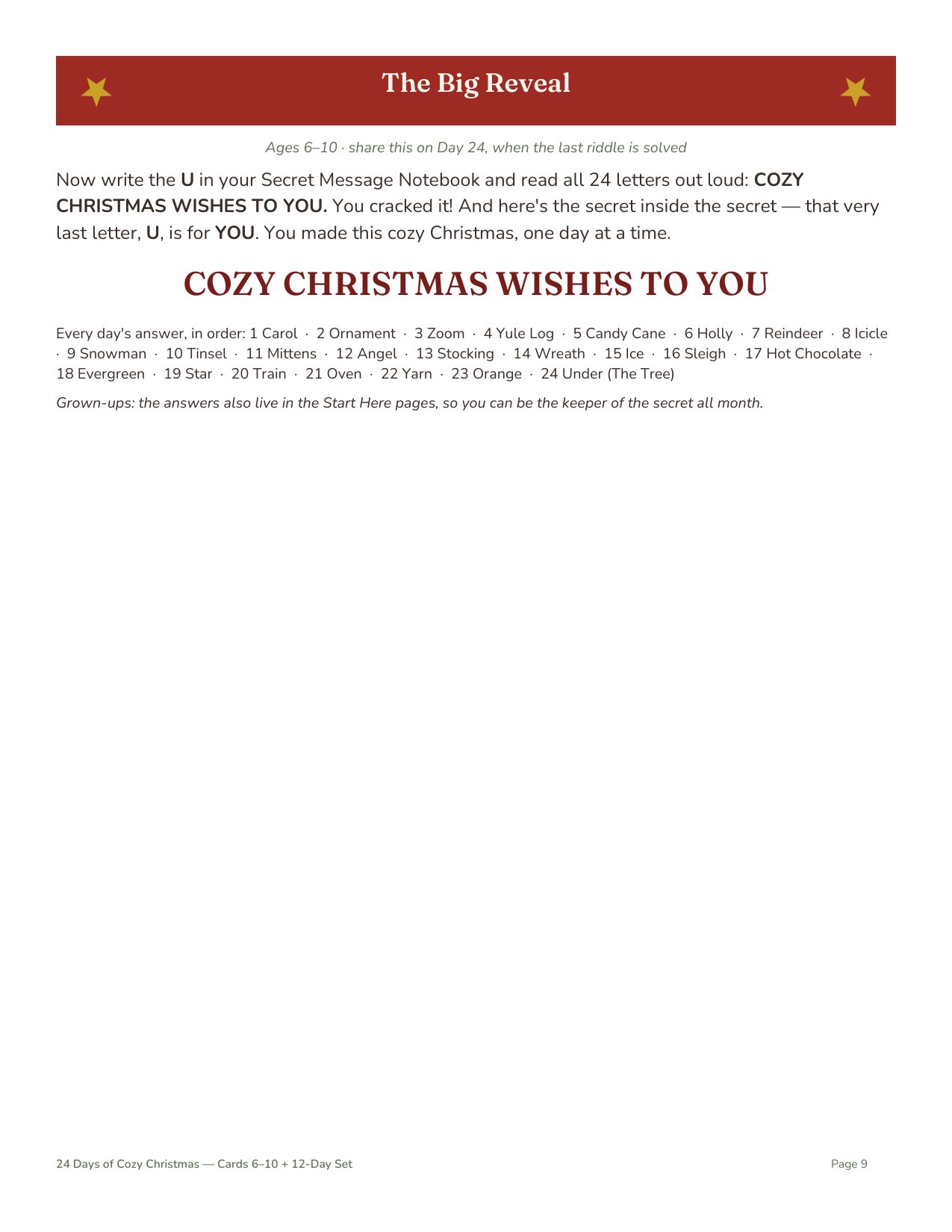 The Christmas Eve secret message reveal page
