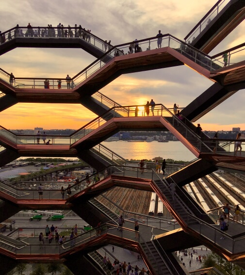 Interconnected stairways rising toward the sky