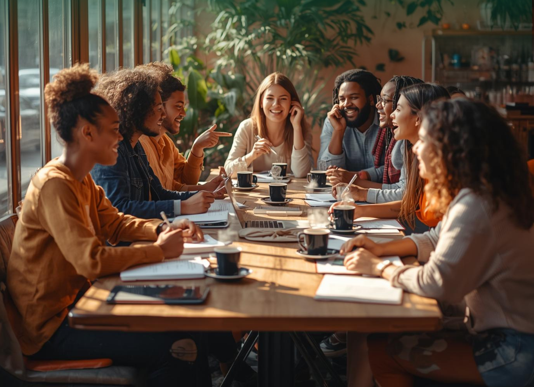 Writers gathered around a table