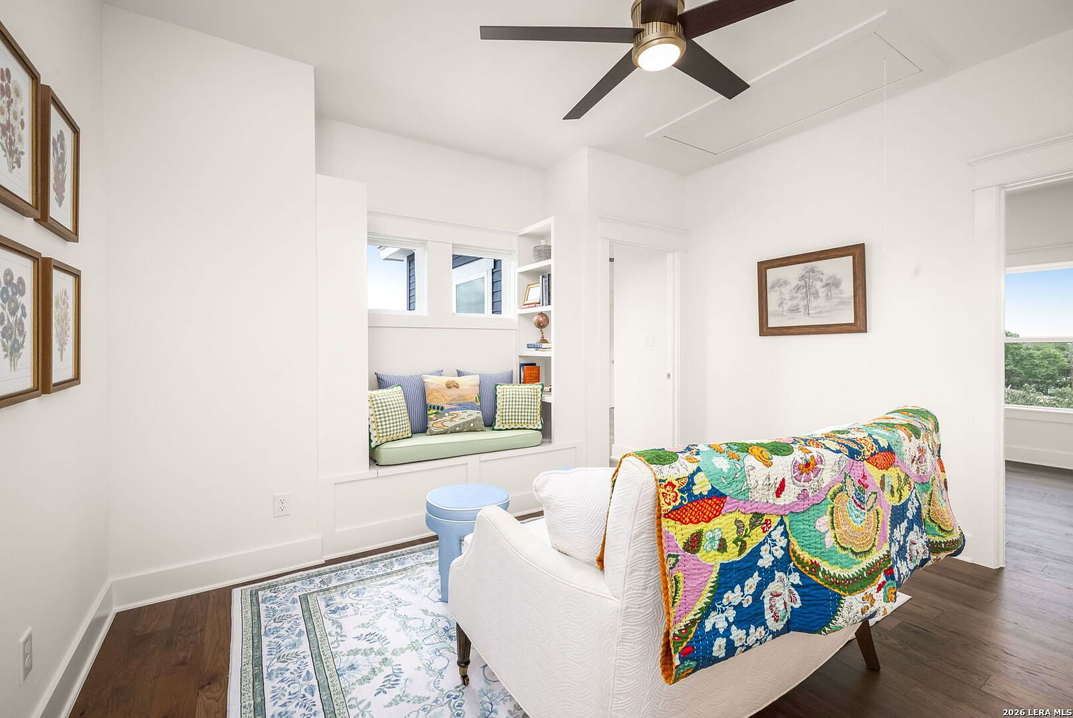 Bright bedroom with ceiling fan