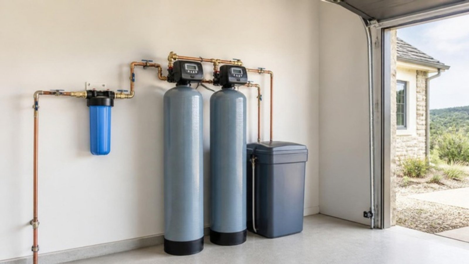 Whole-home water softener and filtration system installed in a garage