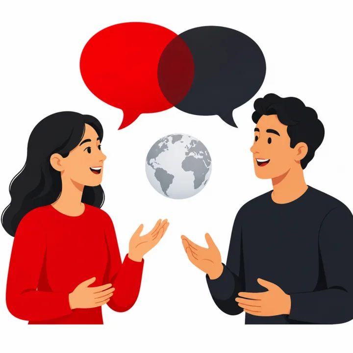 Two people talking happily in two languages