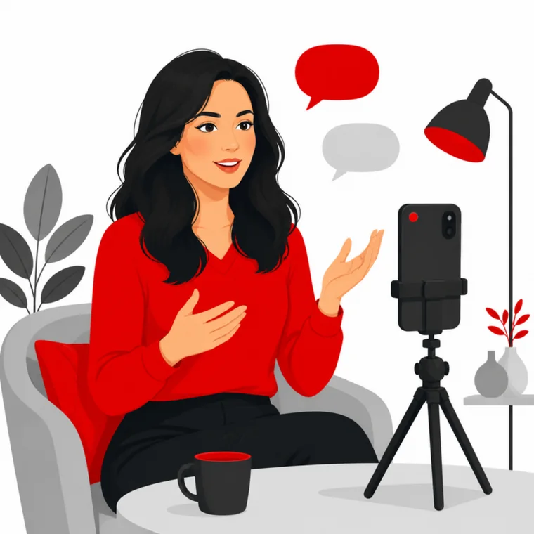 A woman answering questions to her phone on a tripod
