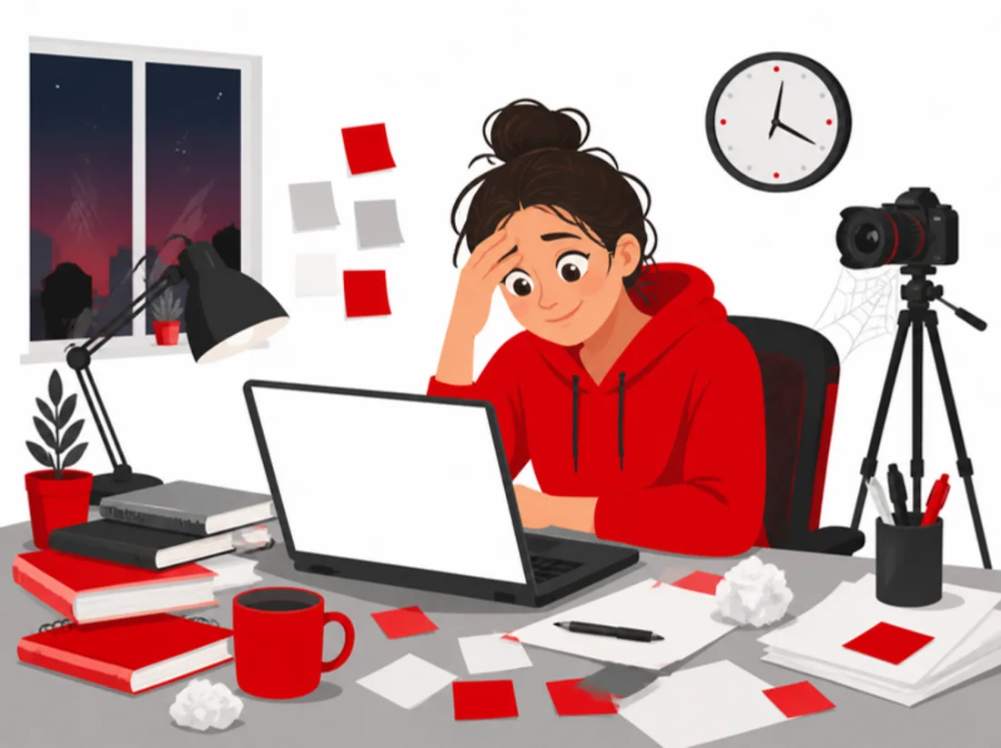 A busy coach at a messy desk, looking at a blank page