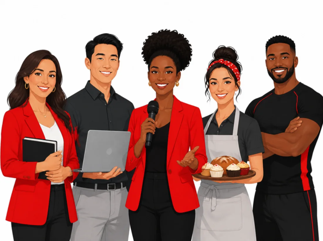 A coach, a consultant, a speaker, a bakery owner and a trainer, smiling together