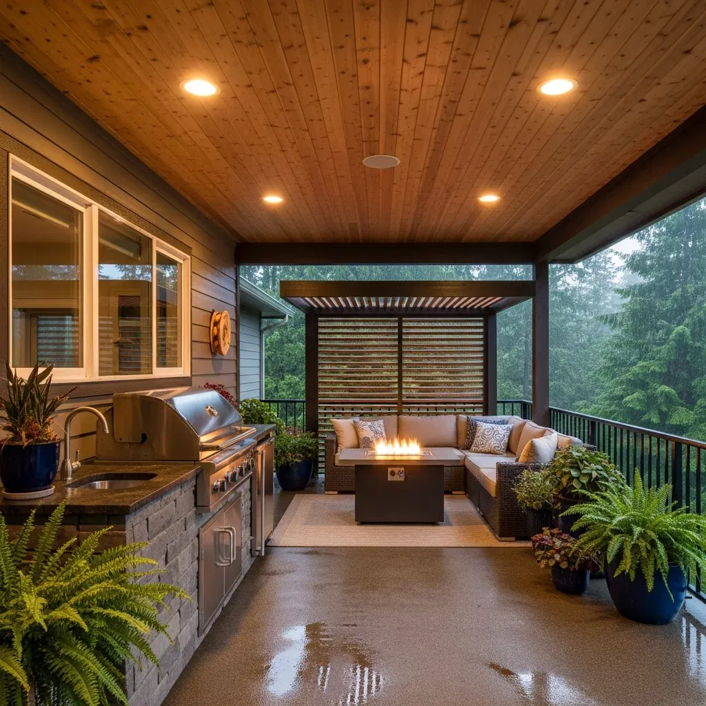 Covered outdoor living space with wood ceiling