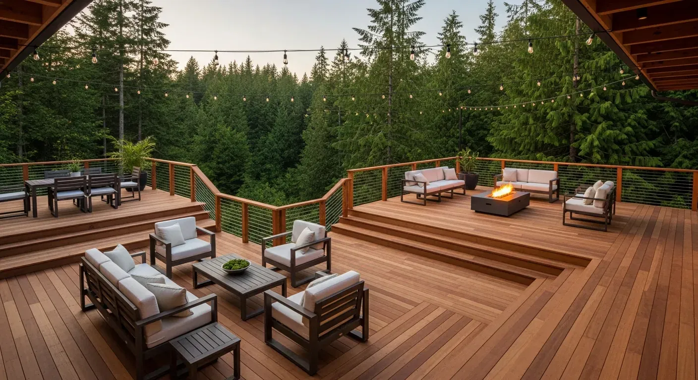 Luxury cedar deck aerial view at golden hour