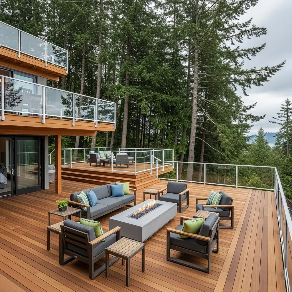 Luxury multi-level cedar deck with fire pit and forest view in Washington