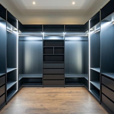 Spacious black walk-in closet with LED-lit shelves and drawers