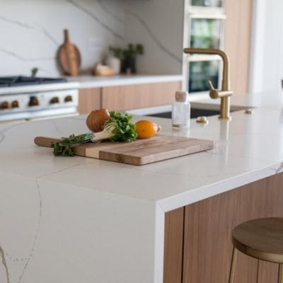 Sleek kitchen countertop with marble finish and brass fixtures