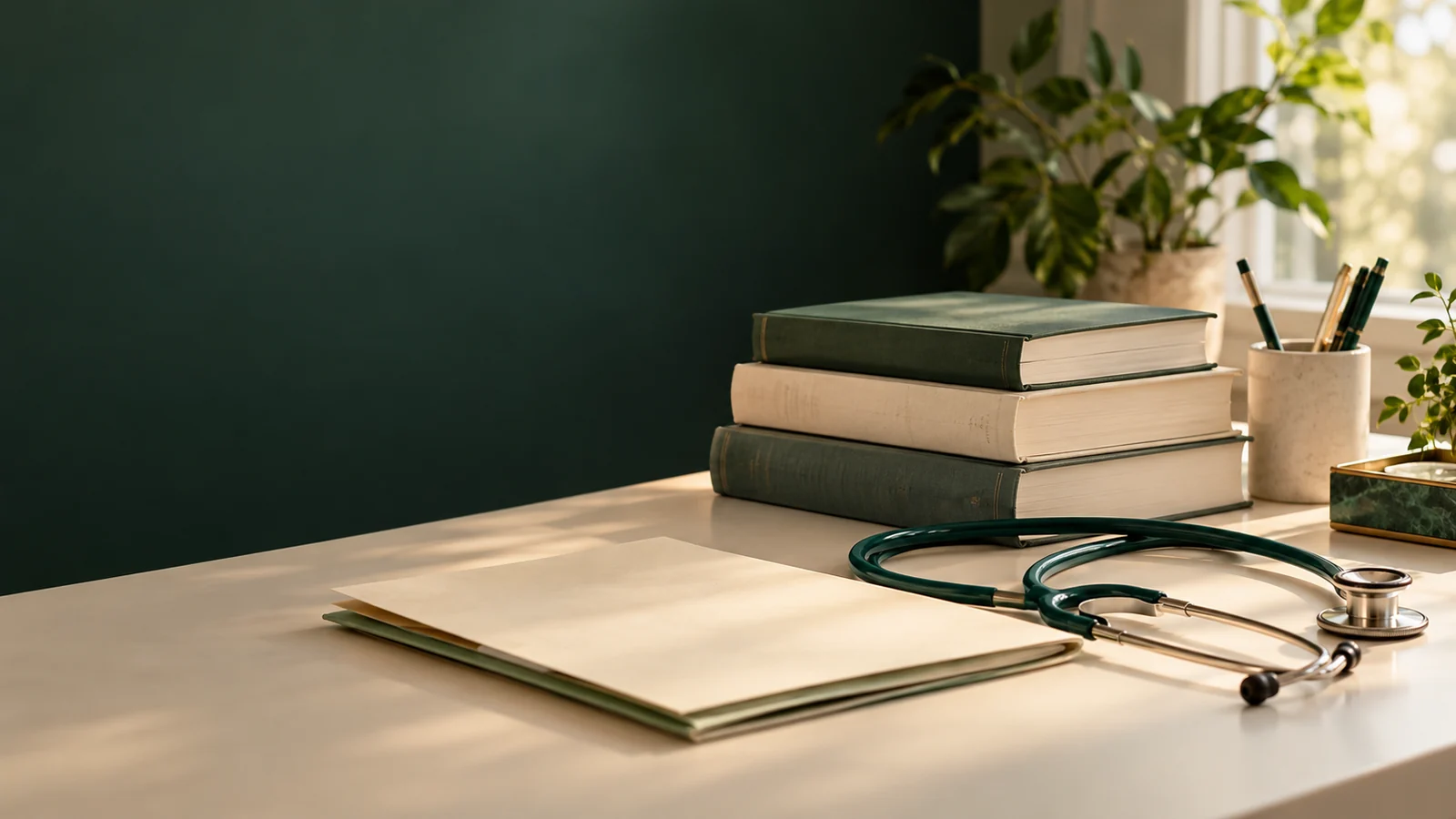 Medical reference books and a stethoscope beside an information folder at AWAREmed in Johnson City, Tennessee.