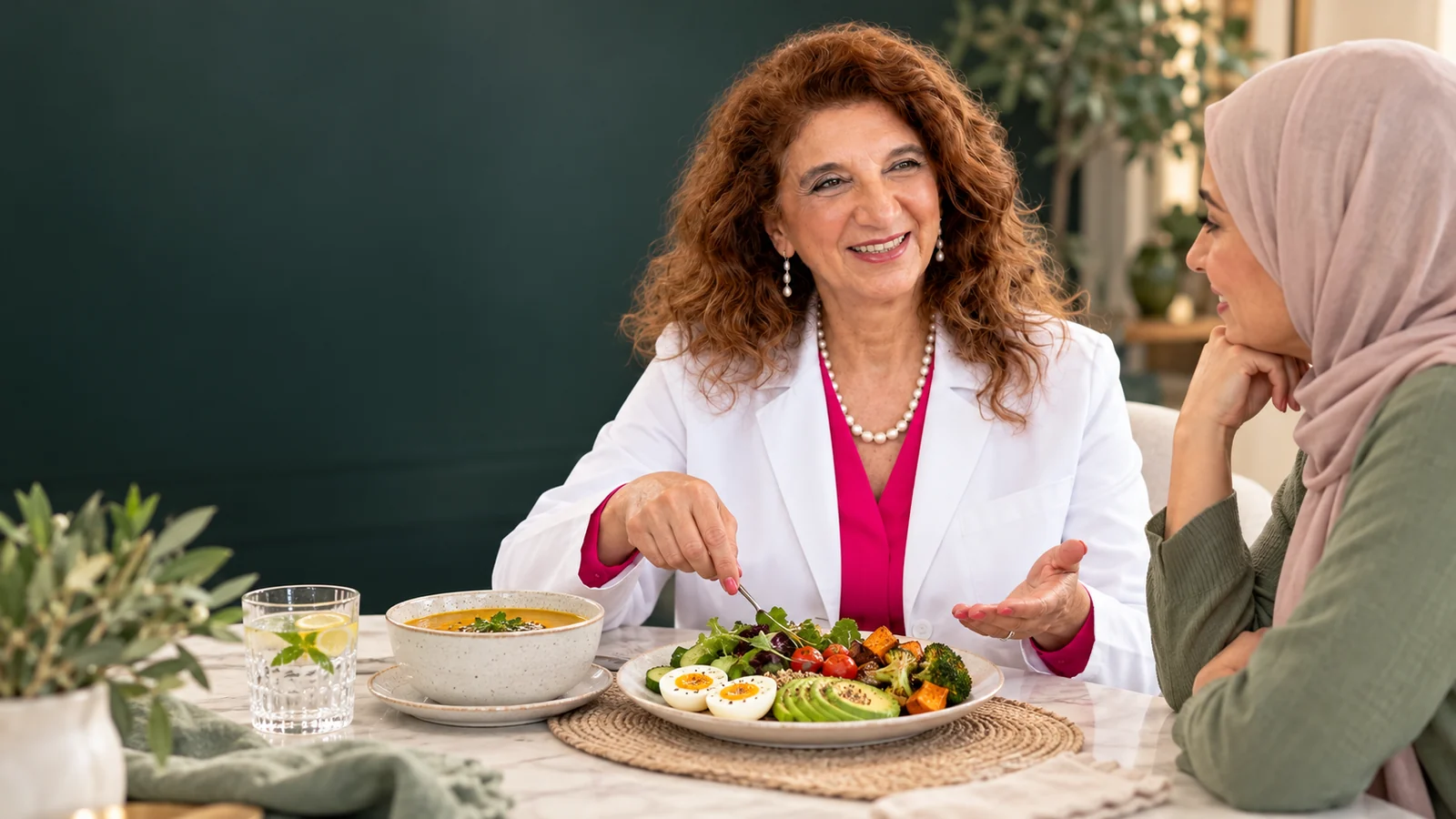 Dr. Dalal Akoury discussing a nourishing meal with a woman wearing a headscarf at AWAREmed in Johnson City, Tennessee.