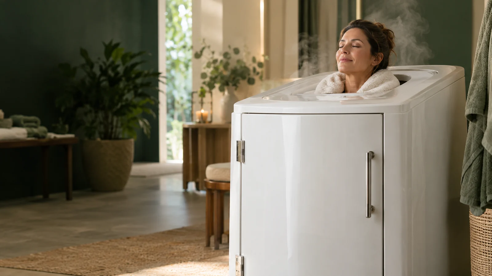 Adult seated in an enclosed wellness sauna with their head outside the cabinet at AWAREmed in Johnson City, Tennessee.