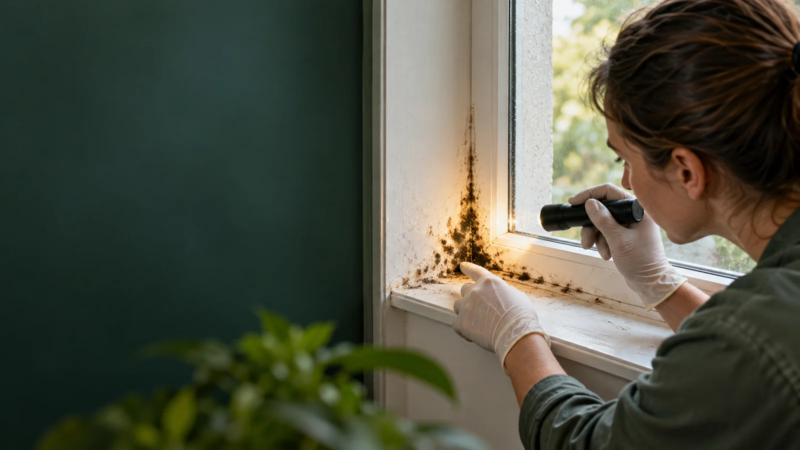 Gloved hand inspecting moisture and mold near a window at AWAREmed in Johnson City, Tennessee.