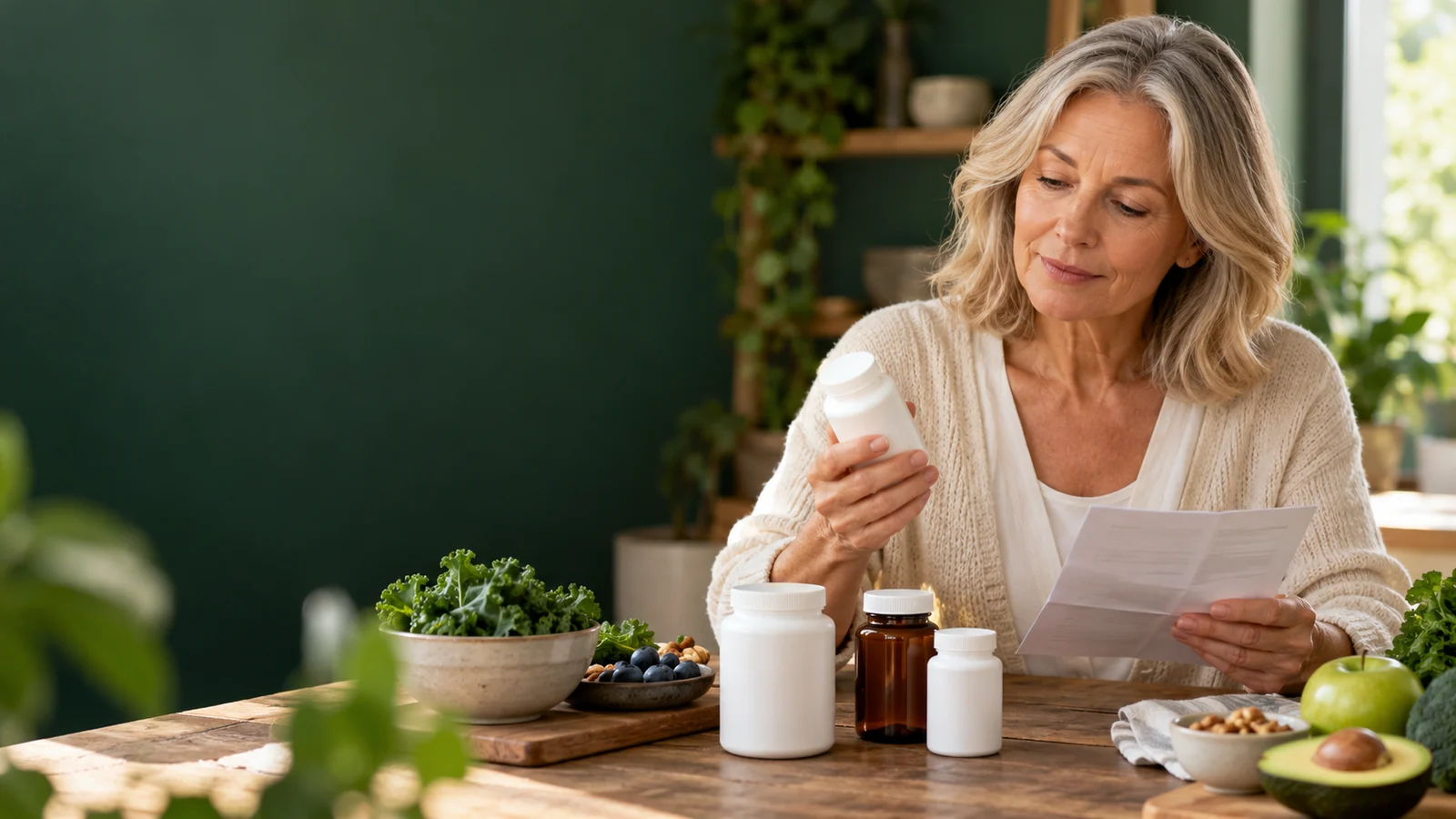 Woman reviewing supplement containers beside food and an information sheet at AWAREmed in Johnson City, Tennessee.