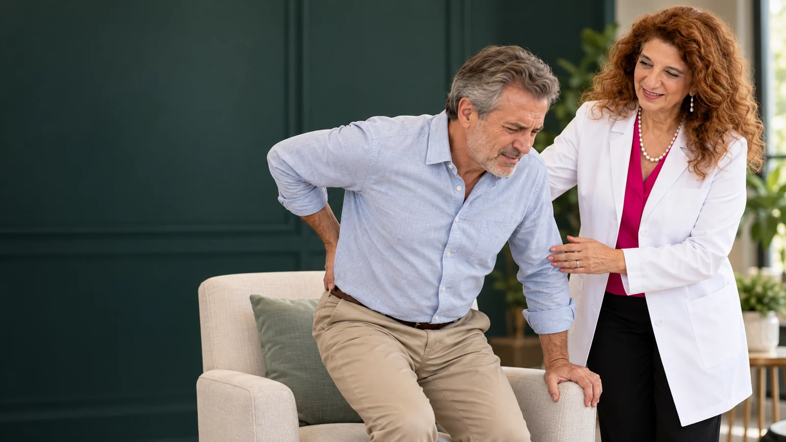 Man supporting his lower back while rising from a chair beside Dr. Dalal Akoury at AWAREmed in Johnson City, Tennessee.
