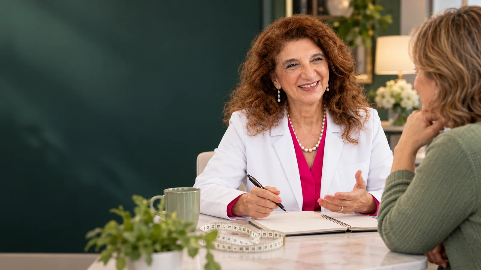 Dr. Dalal Akoury discussing weight changes with a woman at AWAREmed in Johnson City, Tennessee.