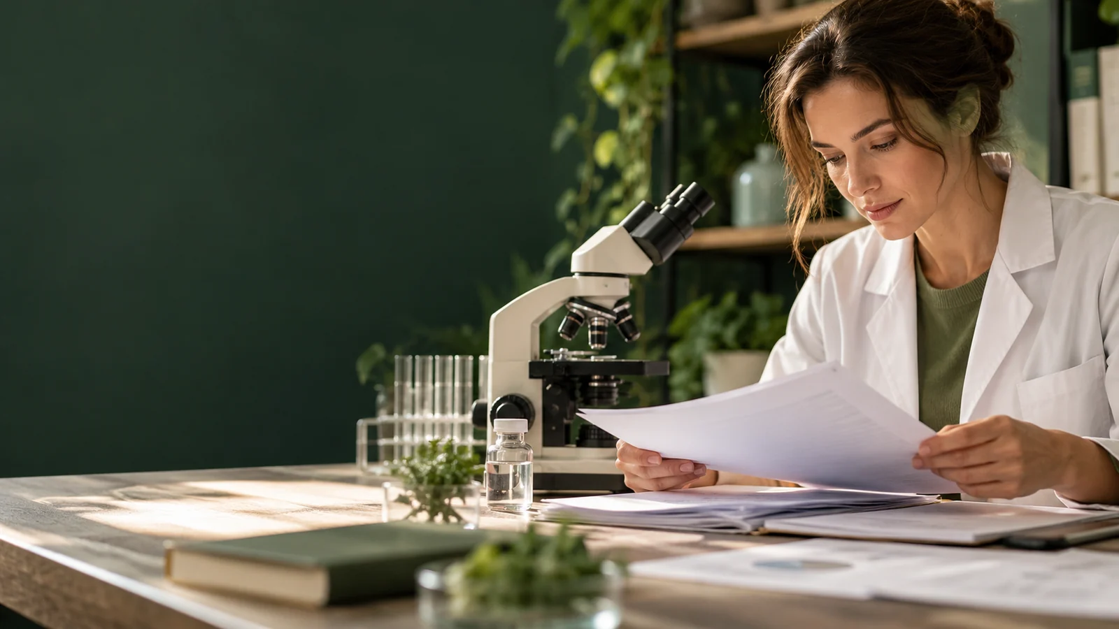 Microscope and capped sample vial beside research papers at AWAREmed in Johnson City, Tennessee.