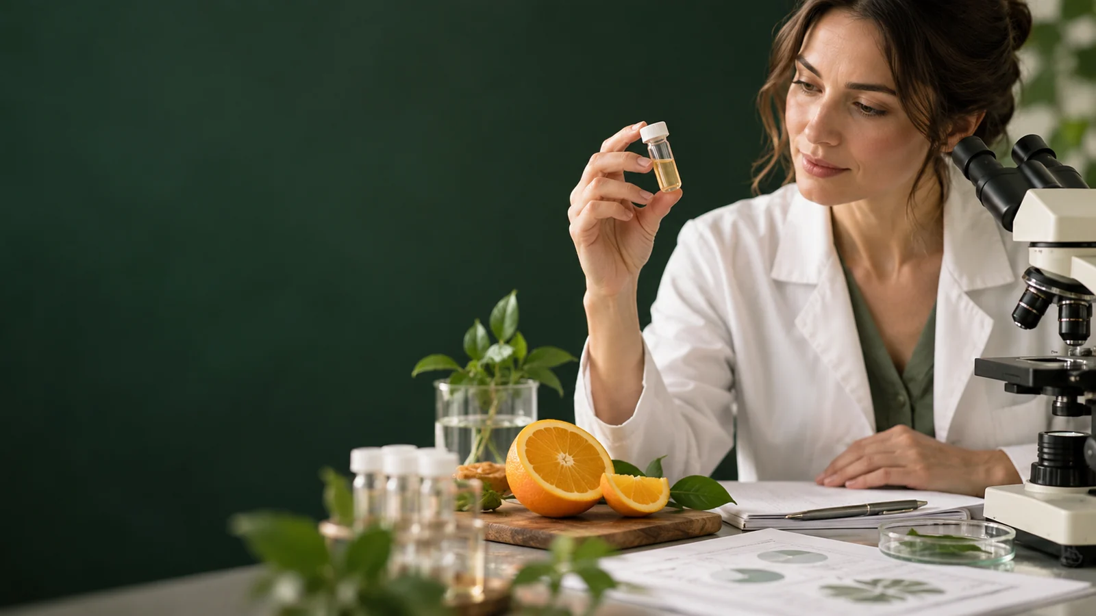 Orange slices and a capped sample vial beside a microscope and research papers at AWAREmed in Johnson City, Tennessee.