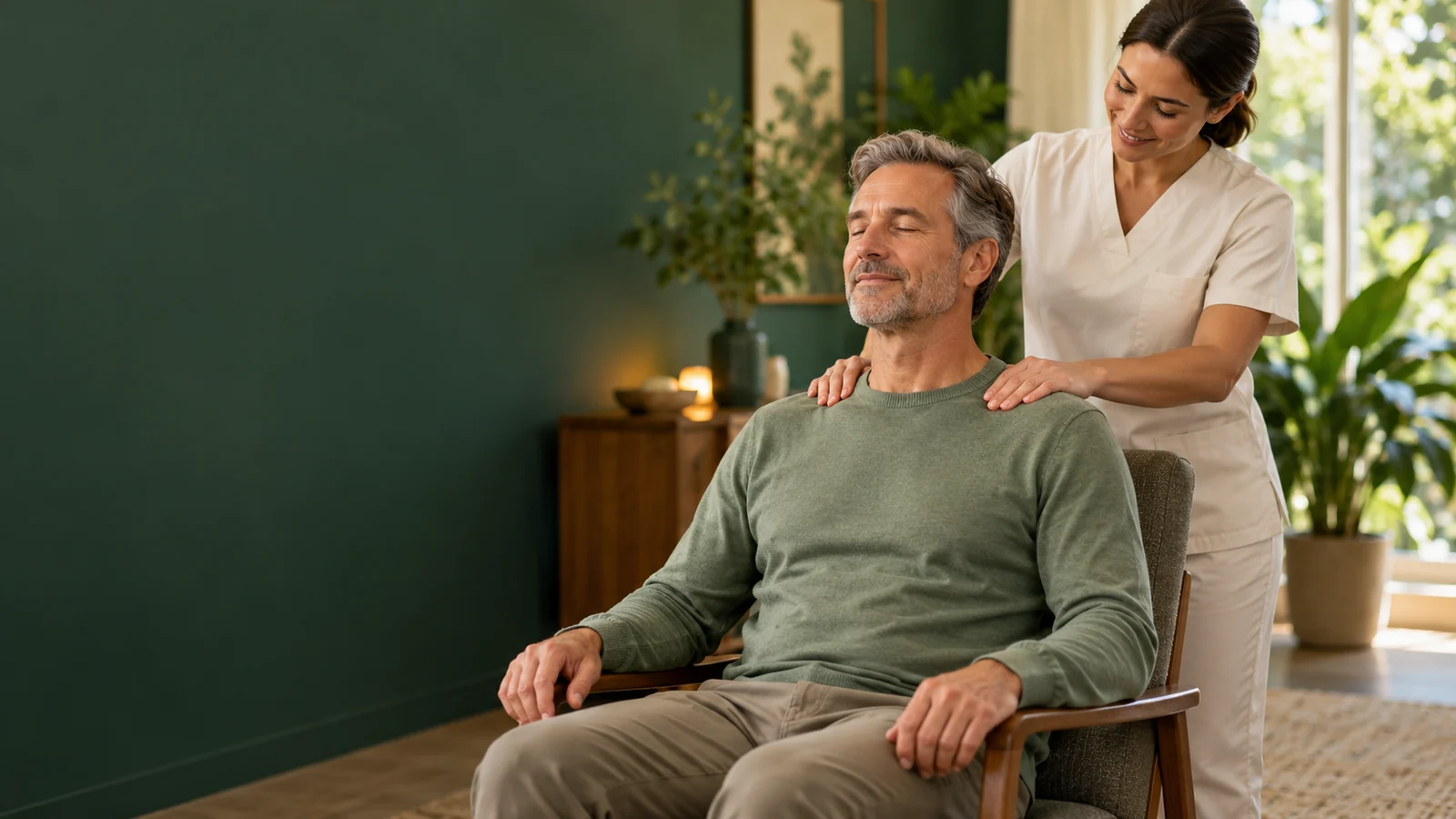 Therapist providing a seated shoulder massage to a fully clothed man at AWAREmed in Johnson City, Tennessee.