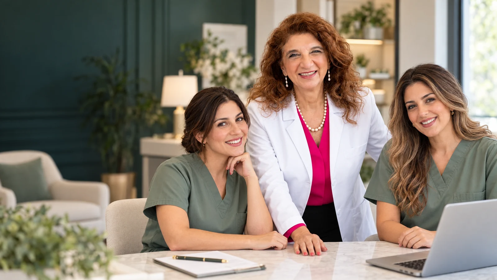 Dr. Dalal Akoury with an illustrative care team in a welcoming clinical setting at AWAREmed in Johnson City, Tennessee.