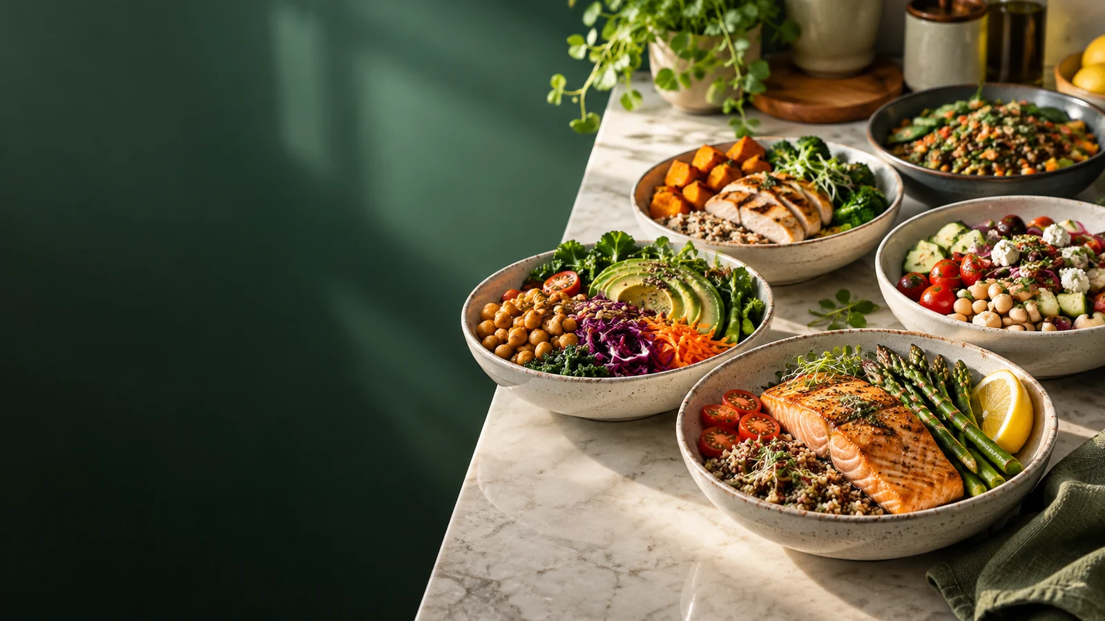 Five colorful balanced meals arranged on a kitchen counter at AWAREmed in Johnson City, Tennessee.