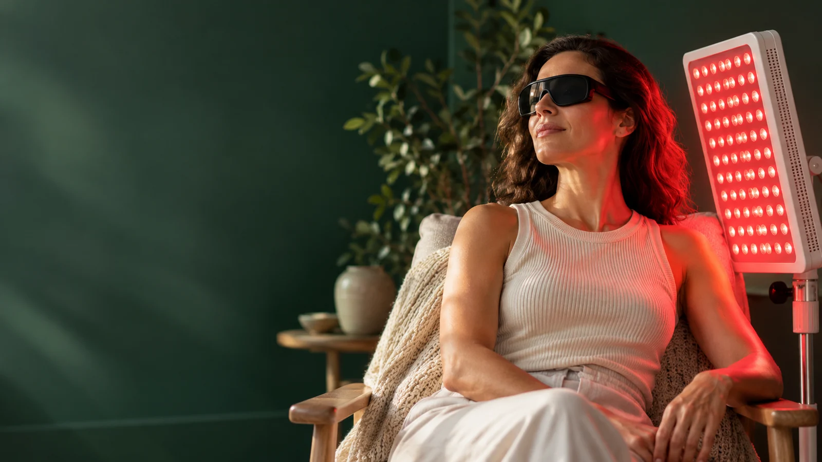 Woman wearing protective goggles during a red light wellness session at AWAREmed in Johnson City, Tennessee.