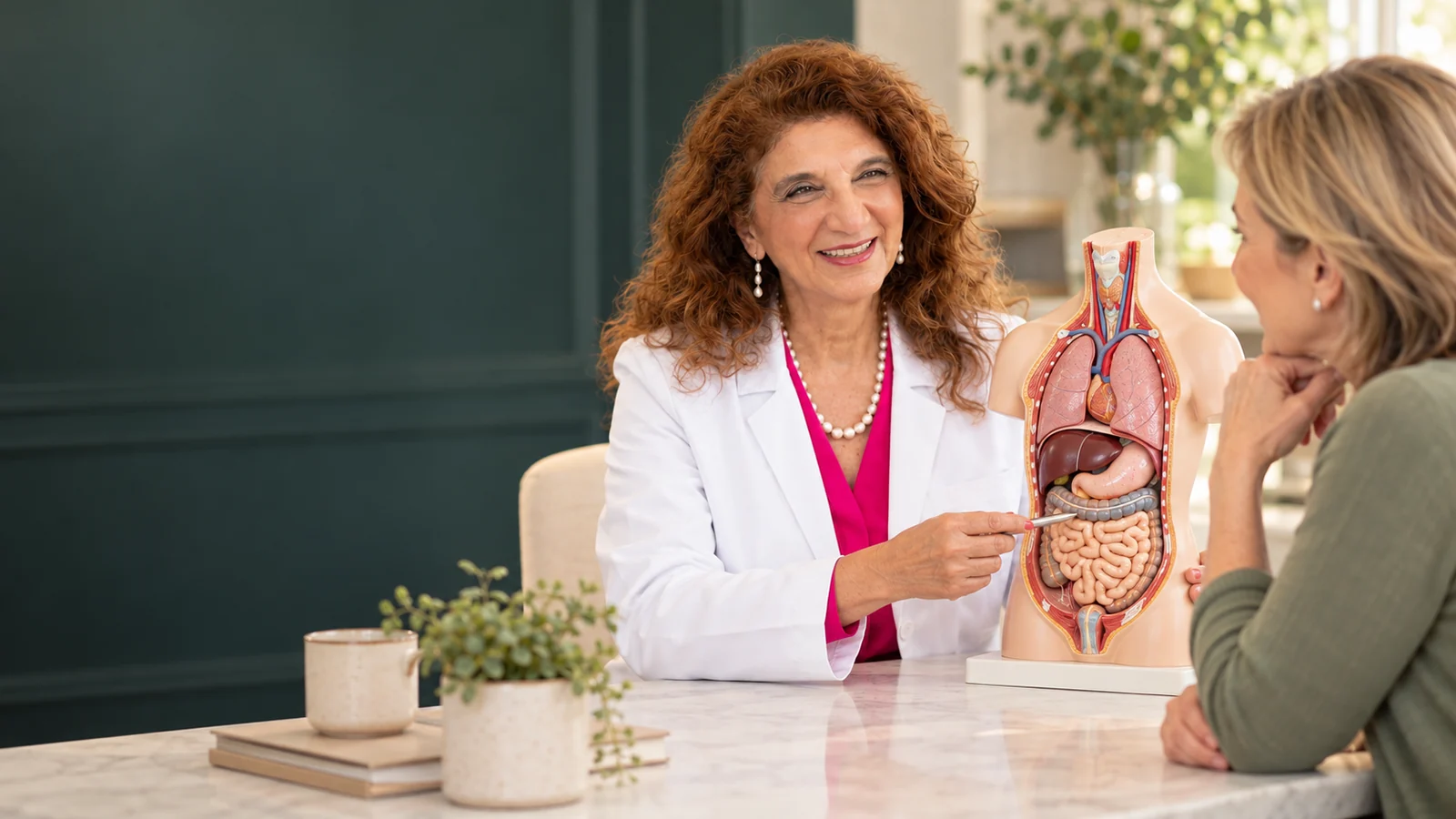 Dr. Dalal Akoury using an anatomical model to explain health information to a patient at AWAREmed in Johnson City, Tennessee.