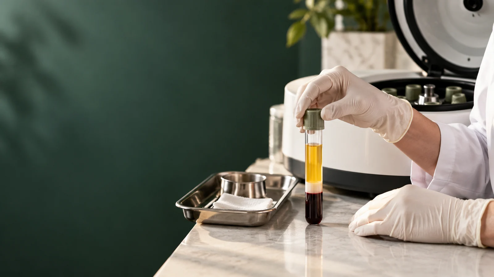 Gloved hands beside a capped plasma sample tube and a centrifuge at AWAREmed in Johnson City, Tennessee.