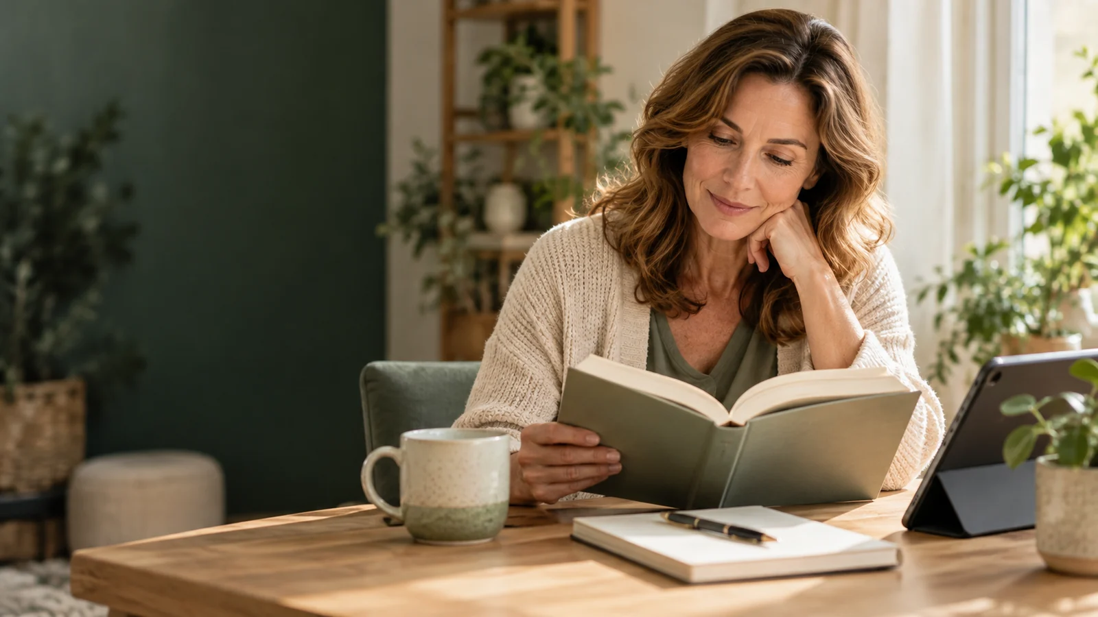 Woman reading health information at a sunlit desk at AWAREmed in Johnson City, Tennessee.