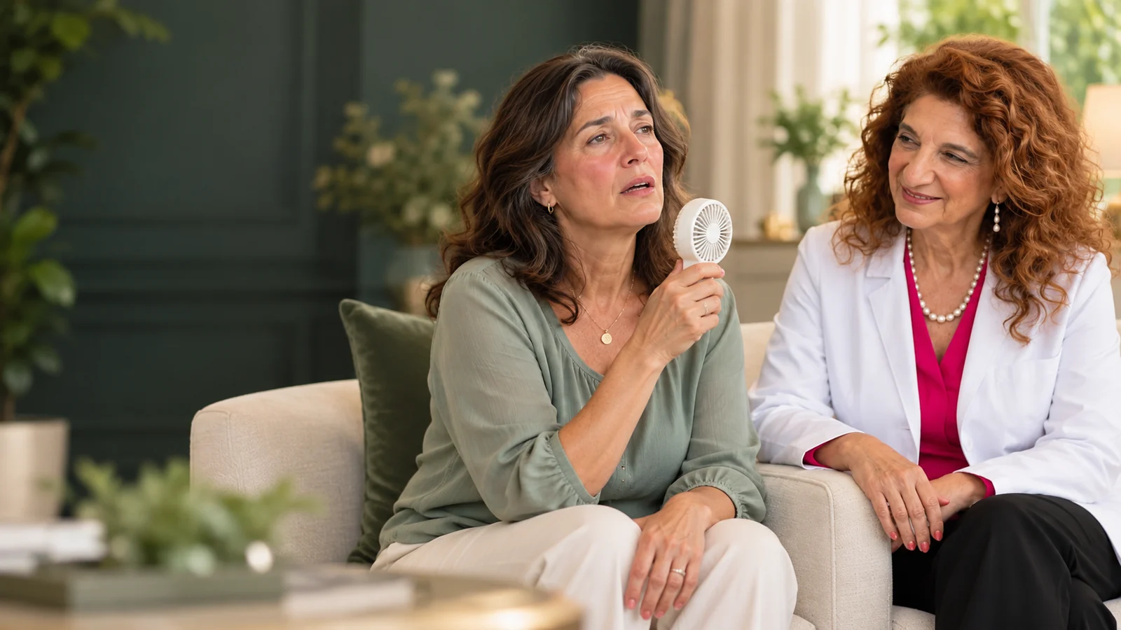 A woman using a handheld fan while discussing menopause symptoms with Dr. Dalal Akoury.