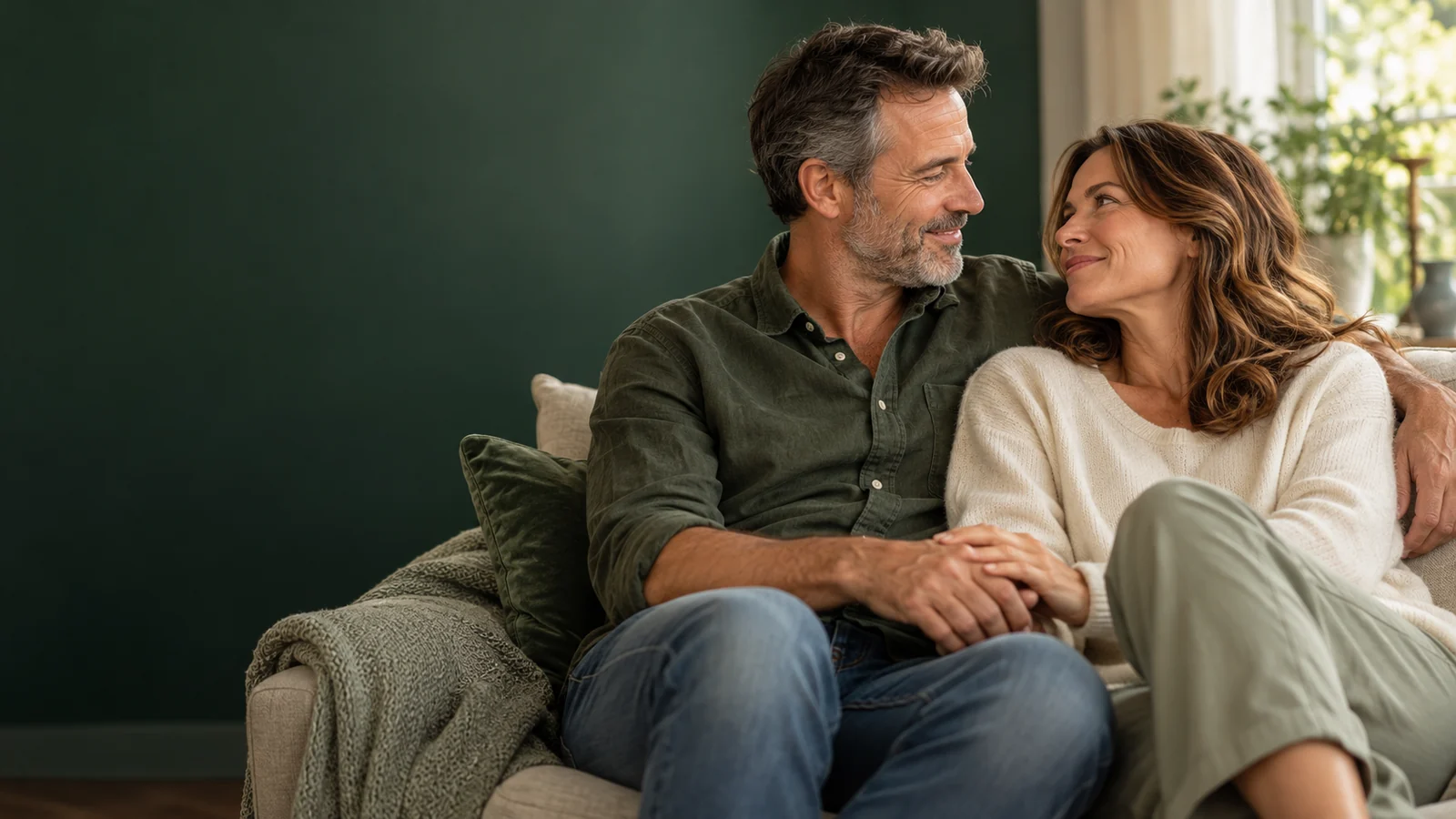 Middle-aged couple holding hands while sitting together on a sofa at AWAREmed in Johnson City, Tennessee.