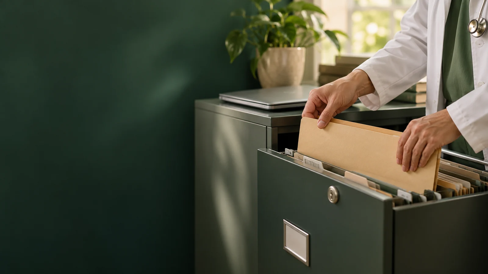 Hands placing a patient folder into a lockable filing drawer at AWAREmed in Johnson City, Tennessee.