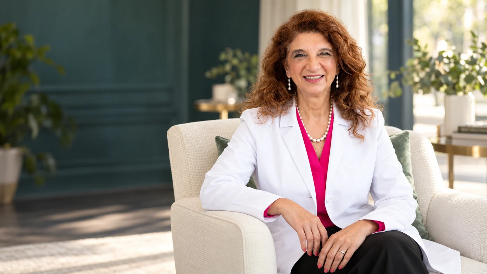 Portrait of Dr. Dalal Akoury wearing a white coat and pearl necklace at AWAREmed in Johnson City, Tennessee.
