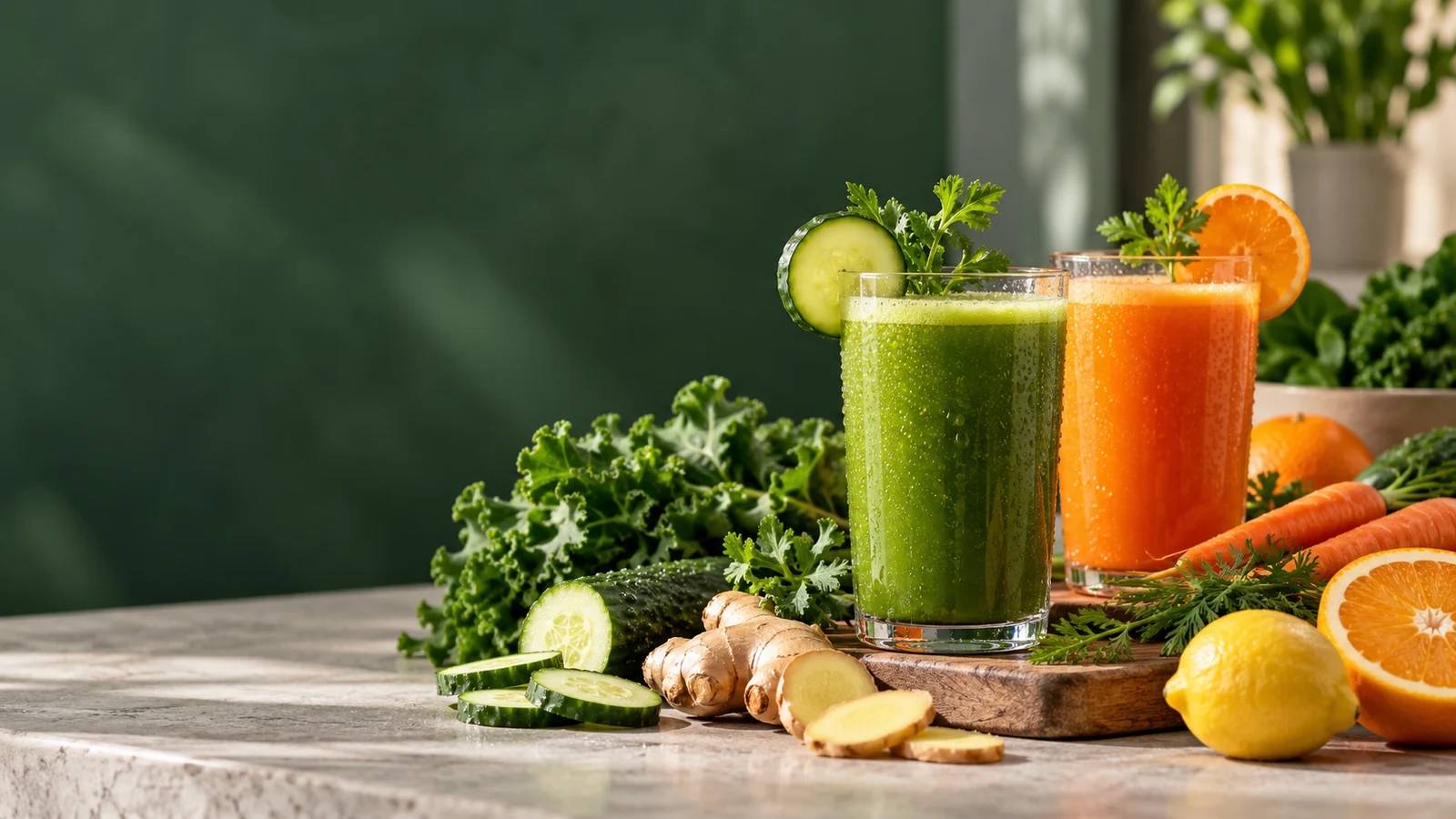 Fresh vegetable juices beside cucumbers, carrots, ginger, and leafy greens at AWAREmed in Johnson City, Tennessee.
