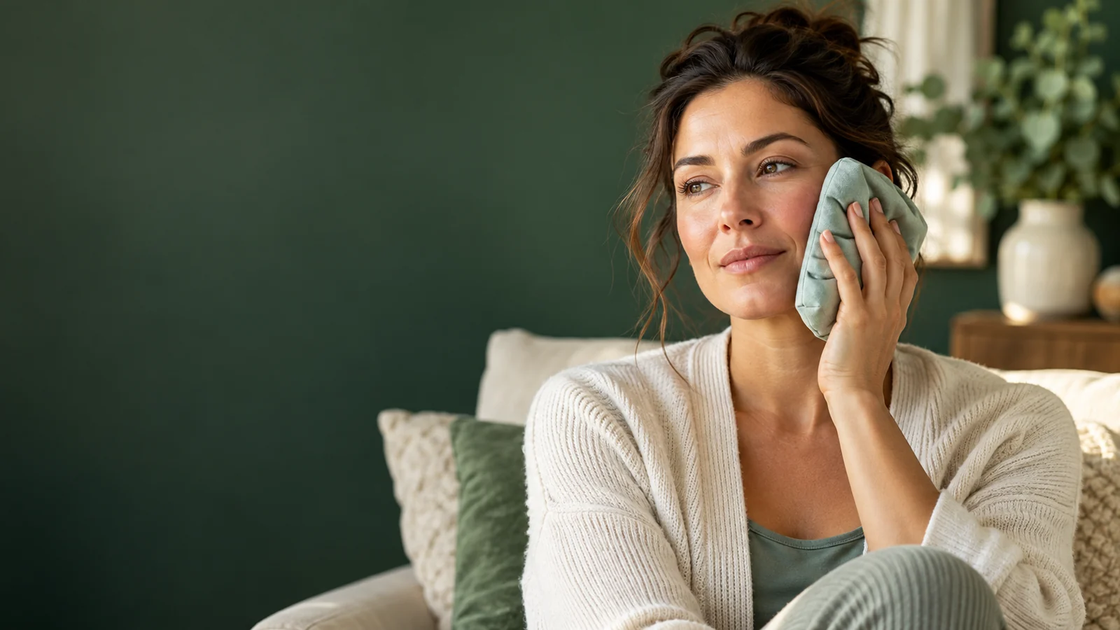Woman holding a cool compress against her cheek at AWAREmed in Johnson City, Tennessee.