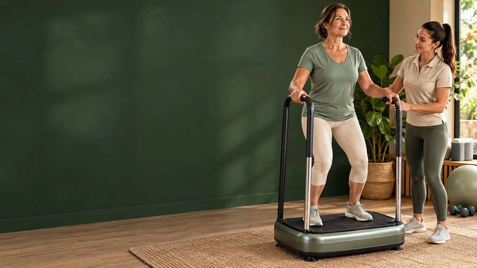 Woman standing on a vibration exercise platform with support rails at AWAREmed in Johnson City, Tennessee.