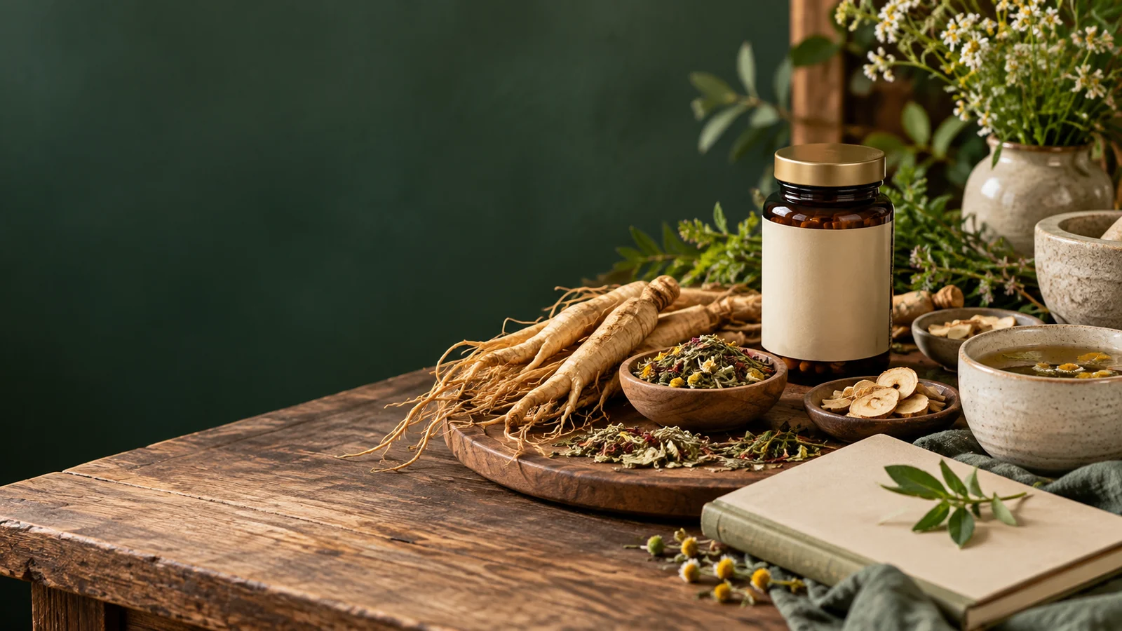 Herbal roots, tea, and an unlabeled supplement jar beside a notebook at AWAREmed in Johnson City, Tennessee.