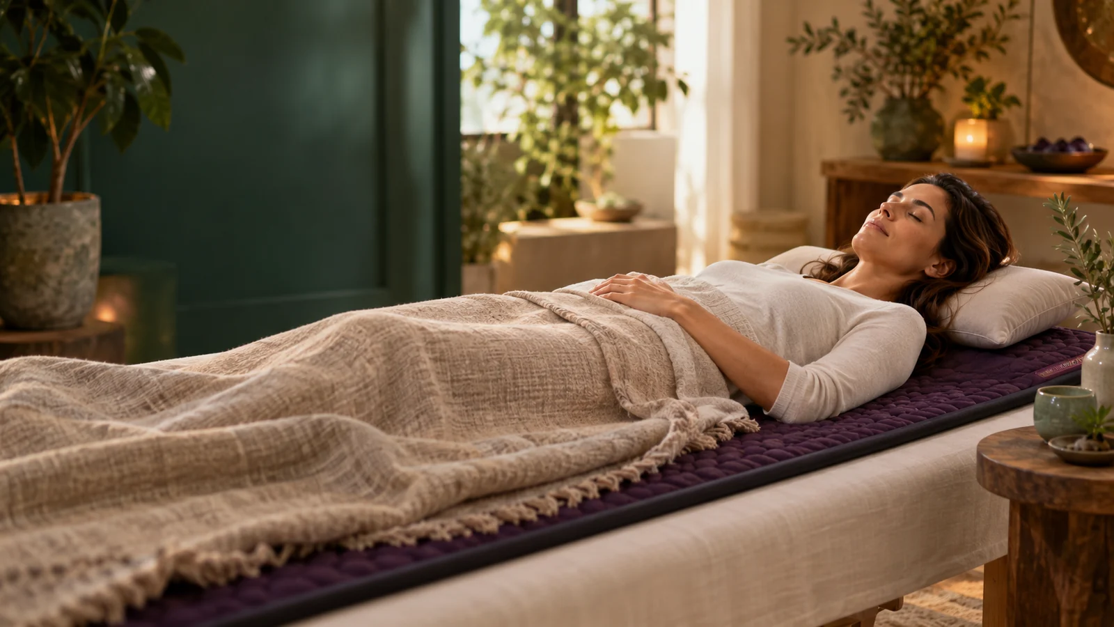 Woman resting on a warming wellness mat in a calm treatment room at AWAREmed in Johnson City, Tennessee.